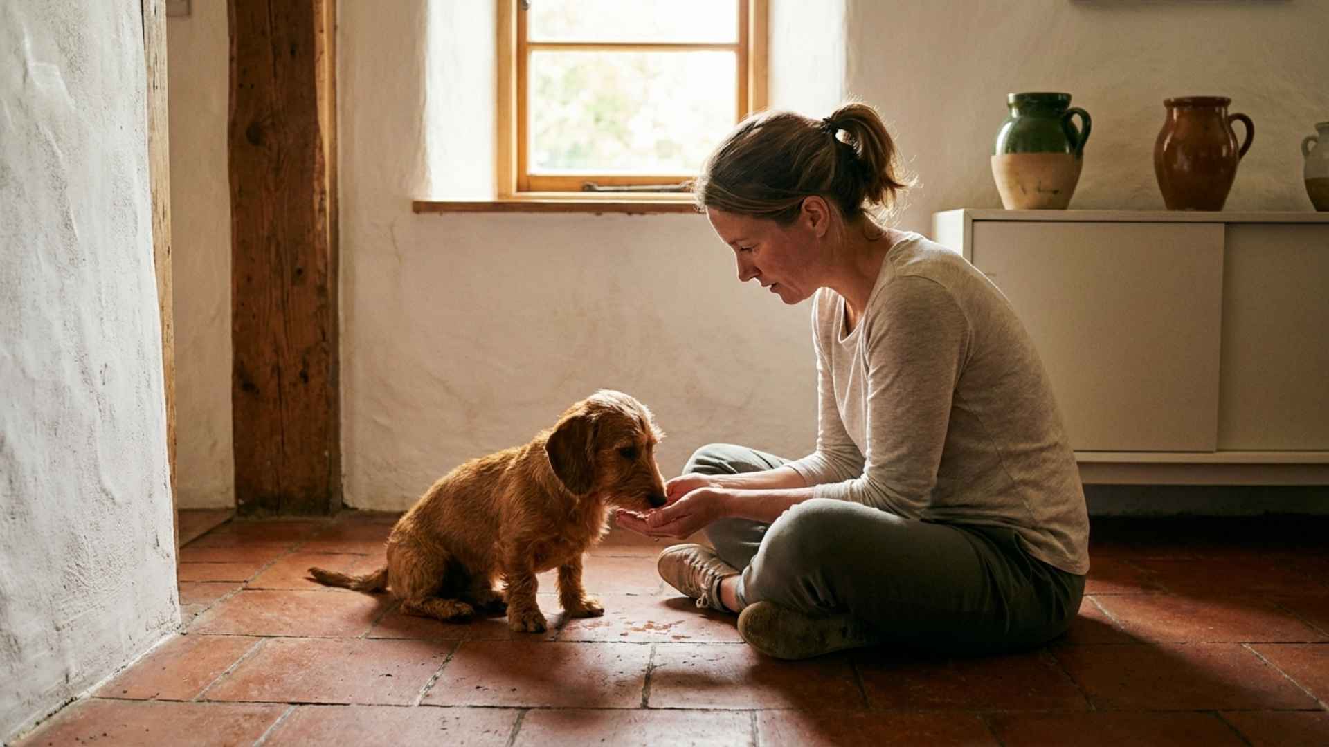 Mujer dando de beber a su perro